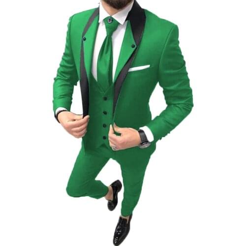 2021 Custom Made Green Costume Homme 3 Pieces Wedding Tuxedos Shawl Lapel Slim Fit Groom Suits For Men (Jacket+Pants+Vest)