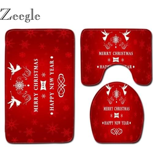 Zeegle Christmas Bath Mat Set Bathroom Decoration Carpet Toielt Pedestal Rug Flannel Soft Absorbent Foot Mat Toilet Seat Cover
