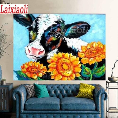 Full Diamond Painting Cross Stitch Mosaic Cartoon color Cow 5D Diy Square Round Stone Bead Drill 3d Embroidery Rhinestone flower