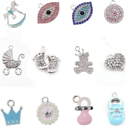Silver plated rhinestone crystal pink blue enamel Islam evil angel eyes heart charms pendant for DIY baby craft pin