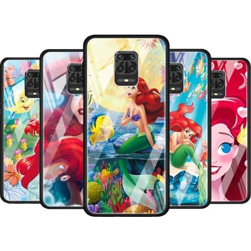 Mermaid Disney Princess for Xiaomi Redmi Note 10 Pro Max 10S 9T 9S 9 8T 8 7 Pro 5G Luxury Tempered Glass Phone Case Cover