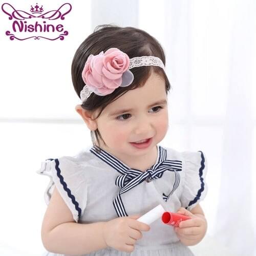 Nishine Pink Soft Satin Rose Little Girls Headband Kids Blush Fabric Burned Flower Headbands Newborn Photo Prop Cute Gift