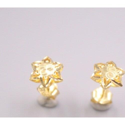 Pure 18K Yellow Gold Earrings Women Gift Lucky Hollow Flower Star Stud Earrings / 1.2g / 15*8mm