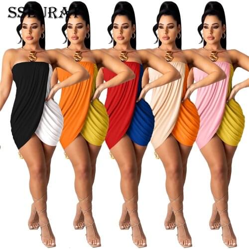 SSEURAT Women Strapless Ruched Irregular Mini Dress Sexy Club Party Night Above Knee Bodyon Midi Dresses