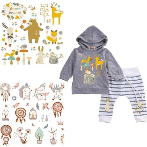 2pcs Autumn Animals Dreamcatcher Iron on Heat Transfer Printing Patches Thermal Sticker Washable for Kids Clothes DIY Appliques