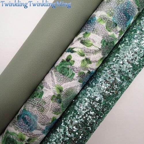 GREEN Glitter Fabric, Rose Flowers Lace glitter, Synthetic Leather Fabric Sheets For Bow A4 21x29CM Twinkling Ming XM753