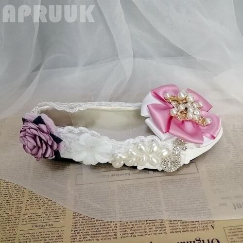 Flowers flats shoes pink female ladies spring summer lace pearls bridal brides wedding flats shoes plus big size 41 42