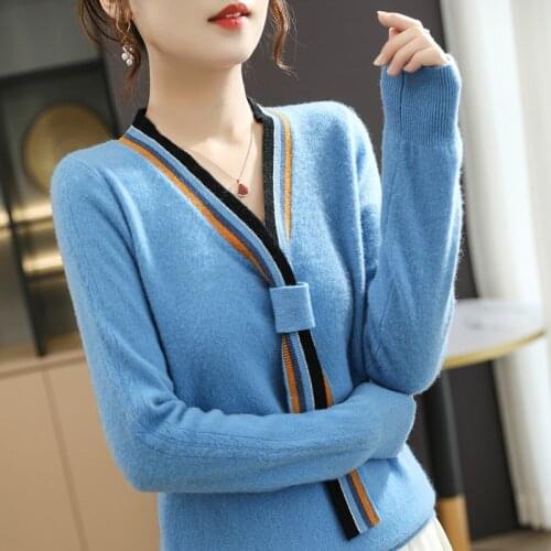 2021 autumn new style 100% pure wool v-neck streamer slimming knit sweater women commuter OL sweater bottoming shirt