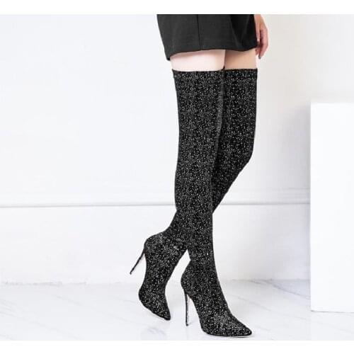 Women High Heels Fashion Long Boots Super Thin Heels 12cm Over The Knee Boots Sequined Cloth Thigh Stretch Boot Botas Mujer Shoe