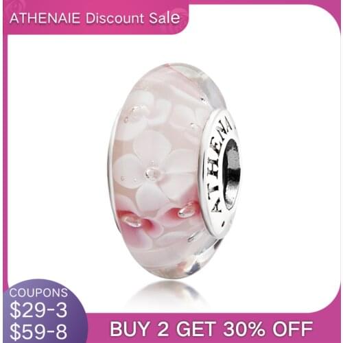 ATHENAIE Genuine Murano Glass 925 Silver Pink Flowers Charm Bead Fit All European Charms Beads Bracelets For Women Valentine