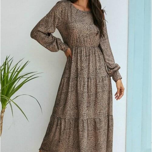 New Women Spring Autumn Long Dress Vintage Puff Full Sleeve Boho Ladies Fall Fashion Casual Round Neck Polka Dot A-Line Dress