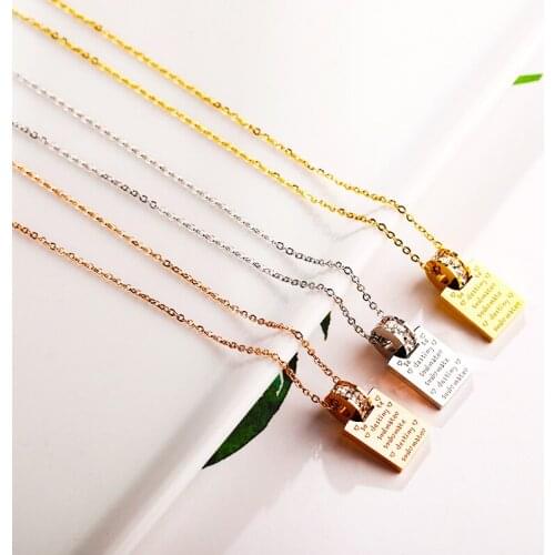 Letter Square Pendant Zircon Circle Rose Gold Color Titanium Steel Necklace Vintage Goth Jewelry Unisex Lover Gifts(GN239)