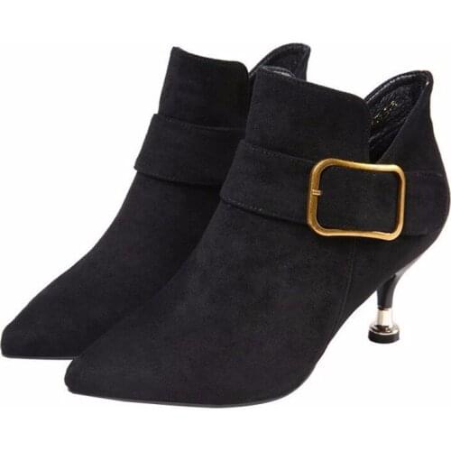 2020 New Winter Womens High Heels Workplace Mature Wild Suede Sexy Metal Buckle Classic Casual Comfortable Ankle Boots B21-70