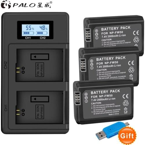 3Pcs 2000mAh NP-FW50 NP FW50 NPFW50 Battery Akku + LCD Dual Charger for Sony Alpha a6500 a6300 a7 7R a7R a7R II a7II NEX-3 NEX-5