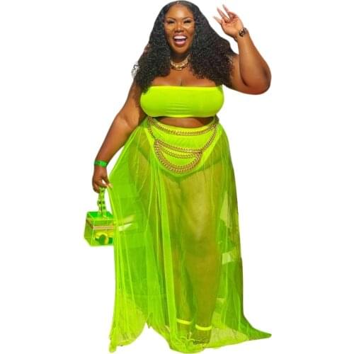 3XL 4XL Plus Size Cover Up Skirt Swimsuit Women Bikini Set Strapless Tank Crop Tops + Skirt Fashion Mesh Pleated Beach Swimwear