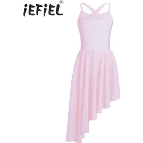 3-14Y Girls Mesh Splice Spaghetti Straps Cutout Back Irregular Hem Ballet Dance Costumes Ballerina Gymnastics Leotard Tutu Dress