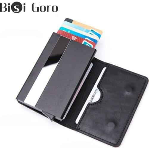 Bisi Goro Men And Women Aluminum Box Magnet Card Holder PU Leather Smart Wallet Anti-theft RFID Blocking ID Card Case