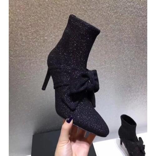 2018 Newest Glitter Stretch Fabric Women Fashion Ankle Boots Sexy Bow High Heel Boots Ladies Slip On Socks Boots Stiletto Boots