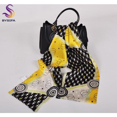 BYSIFA|Black Yellow Ladies Silk Ribbon Scarf Spring Summer Plaid Design 100% Natural Silk Long Scarves Neck Scarves 155*16cm