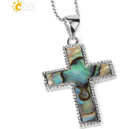 CSJA Natural Abalone Paua Shell Pendant Cross Seashell Necklace Iridescent Religious Protection Rainbow Jewelry for Men Boy F913