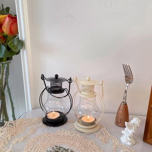 Ins Style Simple Retro Wrought Iron Candle Holder Small Lantern Home Decoration Kerosene Lamp Candle