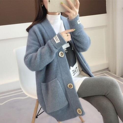 Oversized Cardigan Womens Sweater Loose V-neck Knitted Sweater Long Sleeve Pocket Womens Coat