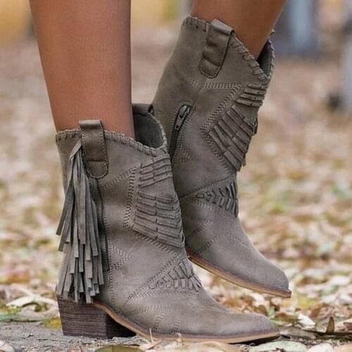 Classic Tassel Western Cowboy Boots for Women Leather Cowgirl Boots Low Heels Shoes Knee High Winter Boots Zapatos De Mujer