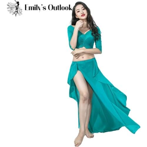 2 Piece Set Women Belly Dance Costume Long Sleeve Top Sexy Split Skirt Light Weight Mesh Summer Oriental Dance Outfit Red Large