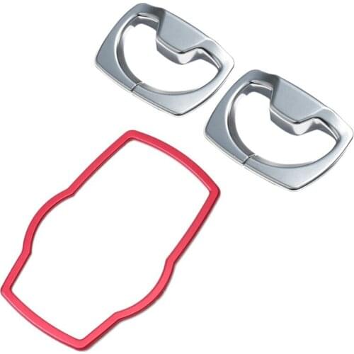 Red Car Interior Multimedia Button Cover With 2Pcs Chrome B Pillar Seat Safety Belt Decoration Frame Cover Trim Kit