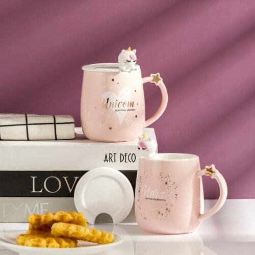 Cartoon High Capacity Ceramic Cup Pink Unicorn Mug Cute Girl Mugs Coffee Cups Tea Cup Set Couple Tumbler Cup with Lid and Spoon