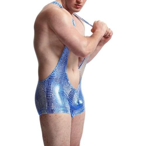 New mens underwear snakeskin sexy jumpsuit nightclub stage sexy imitation leather shape boxer pants wrestling bulging Pouch