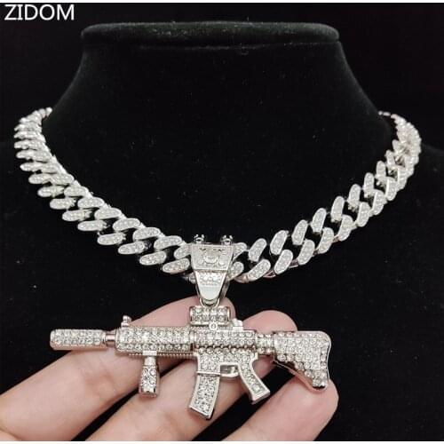 Men Women Hip Hop Iced Out Bling Bling Gun Pendant Necklace with 13mm Miami Cuban Chain HipHop Necklaces Fashion Charm Jewelry