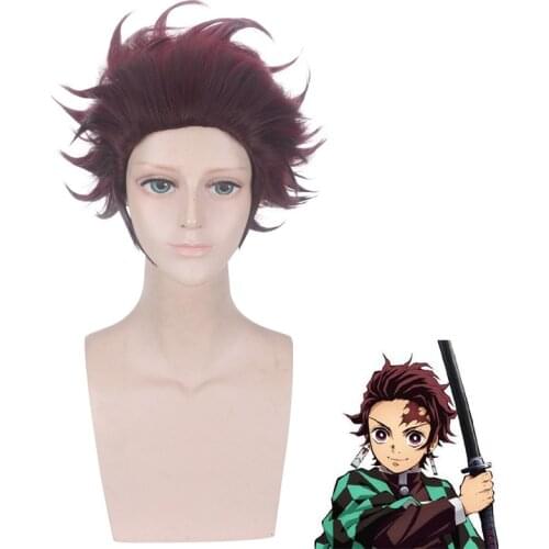 Demon Slayer: Kimetsu no Yaiba Tanjiro Kamado Chestnut Brown Hair Cosplay Costume Short Wig + Wig Cap Tanjiro Kamado wigs