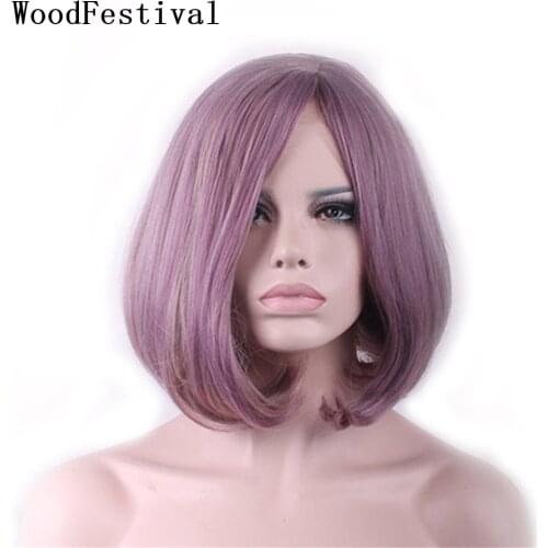 WoodFestival Short Synthetic Bob Wig Women Cosplay Wigs Straight Hair Female Grey Taro Purple High Temperature Fiber 14Inches