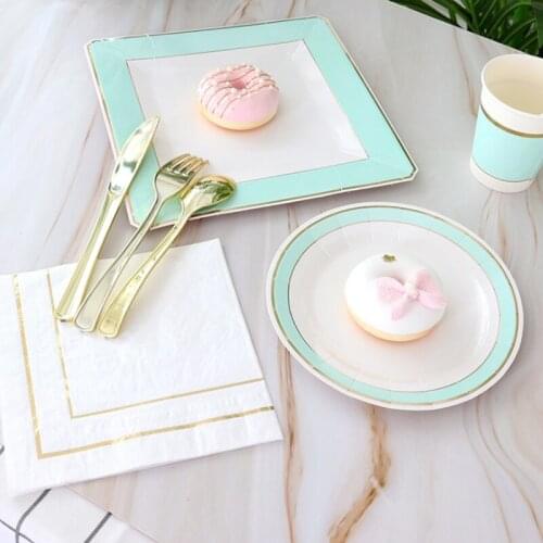 Party Gilded Paper Plates Dishes Cups Towers Disposable Tableware Cultery Dessert Table Tray Decoration