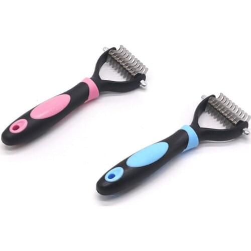 Pet Comb Pet Skin Fur Knot Cutter Dog Cat Grooming Shedding Rake Comb Stainless Steel Blade Non-Slip Handle Hair Removal Brush E
