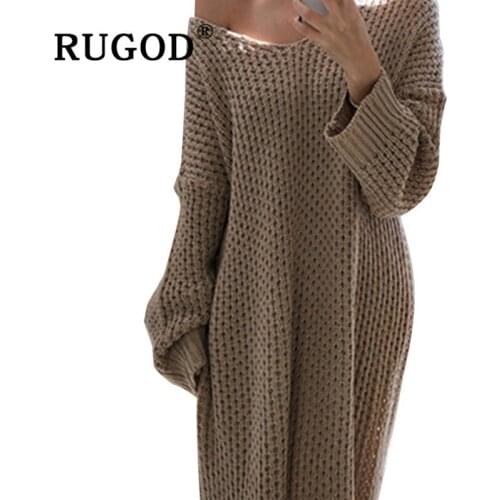 RUGOD 2019 Women Long Knitted Sweater Dress V-neck Batwing Sleeve Loose Slim Vestidos Lazy Cozy Korean Fashion Dress Plus Size