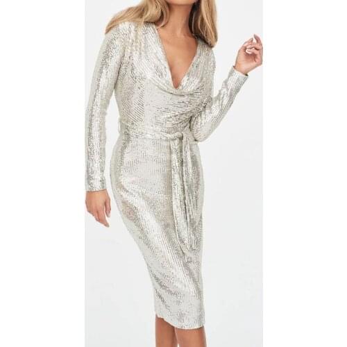 Silver Sequind Midi Dress Full Sleeved Sashes Split Leg Bodycon Stretch Dress