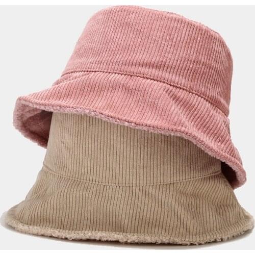 New Women Plus Plush Corduroy Bucket Hat Female Solid Winter Solid Streetwear Warmer Folding Big Wide Visor Vintage Flat Hats