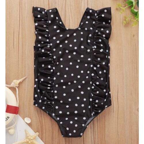 Breathable Little Girls One-piece Swimsuit, Summer Children Fashionable Black/White Wave Point Sleeveless Swimwear for Vacation