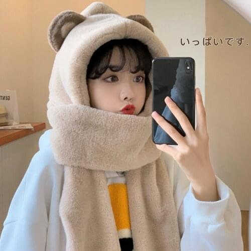 Super Cute Plush Bear Ears Hat Autumn Winter Women Sweet Kawaii Warm Gauntlets Scarf Hat Glove Sets Girl Caps Three Piece Set