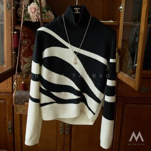 Black White Quicksand Strip Turtleneck Sweater 2021 New Spring And Autumn Womens Top