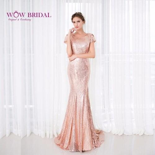 Wowbridal Golden Sequin Bridesmaid Dress Long 2021 Mermaid Cap Sleeve Long Bridesmaid Dresses