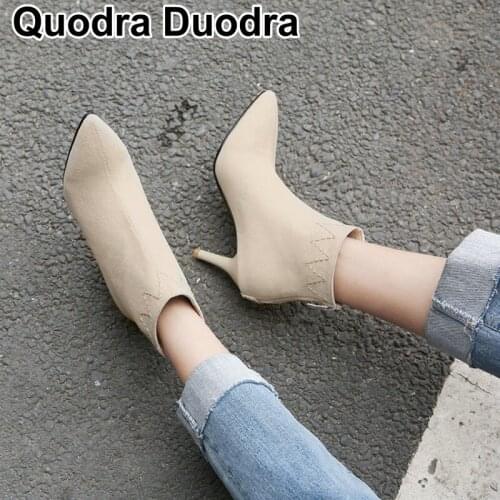 Winter Autumn Red Ankle Boots Stilettos Thin High Heels Shoes short Pointed Toe Flock Office Party Ladies Solid size33-48 43