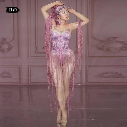 Sexy Pink Tassel Crystal Rhinestone Stretch Jumpsuit Women Nightclub Stage Pole Dance Bodysuit Birthday Party Show Costume New