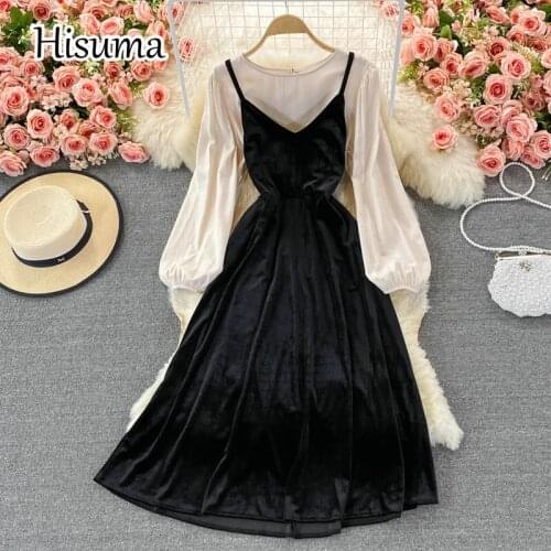 2021 autumn winter new women sling v-neck velvet A-line dress + lantern sleeve chiffon shirts blouse female two piece sets