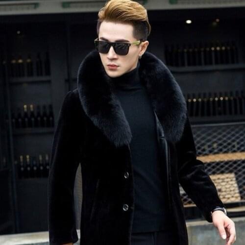2021 Mens Mink-like Wool Hooded One-Piece Fur Mid-Length Leather Coat Youth Thickened Slim Warm Jacket