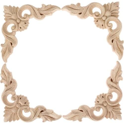 4pcs 8*8cm Wood Carved Corner Onlay Furniture Home Decorations Unpainted Applique