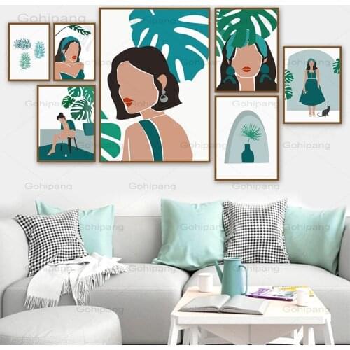 Abstract Sexy Girl Canvas Painting Nordic Monstera Scandinavia Wall Art Posters and Prints Wall Pictures for Living Rome Decor