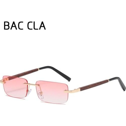 BAC CLA Tinted Rimless Rectangular Sunglasses Retro Blue Brown Imitated Wood Frame Frameless Women Glasses for Men Uv400